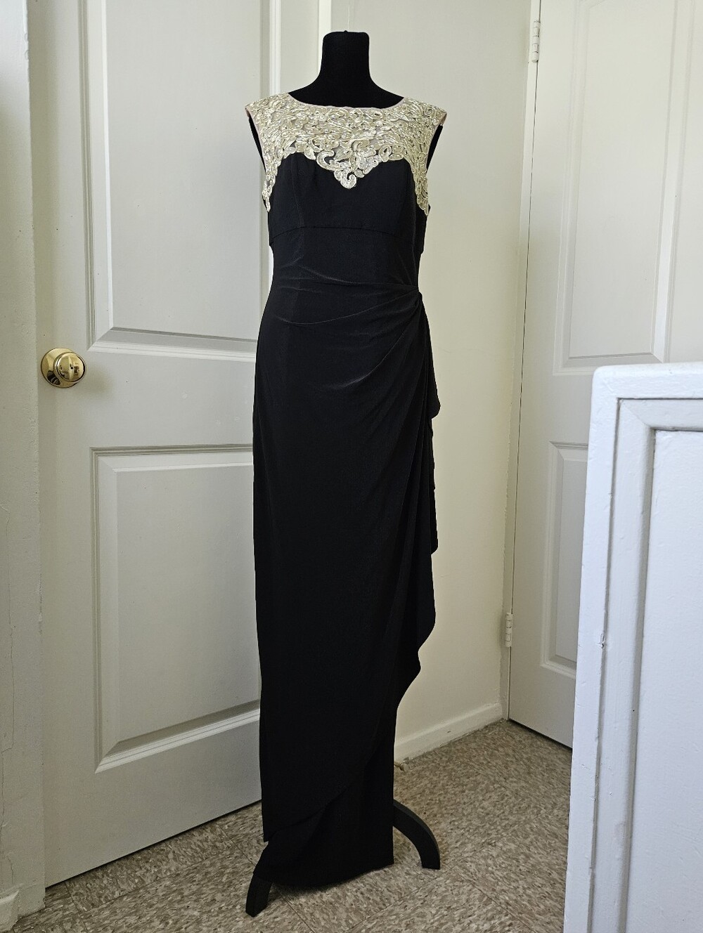Black Evening Gown with Gold Embellished Neckline